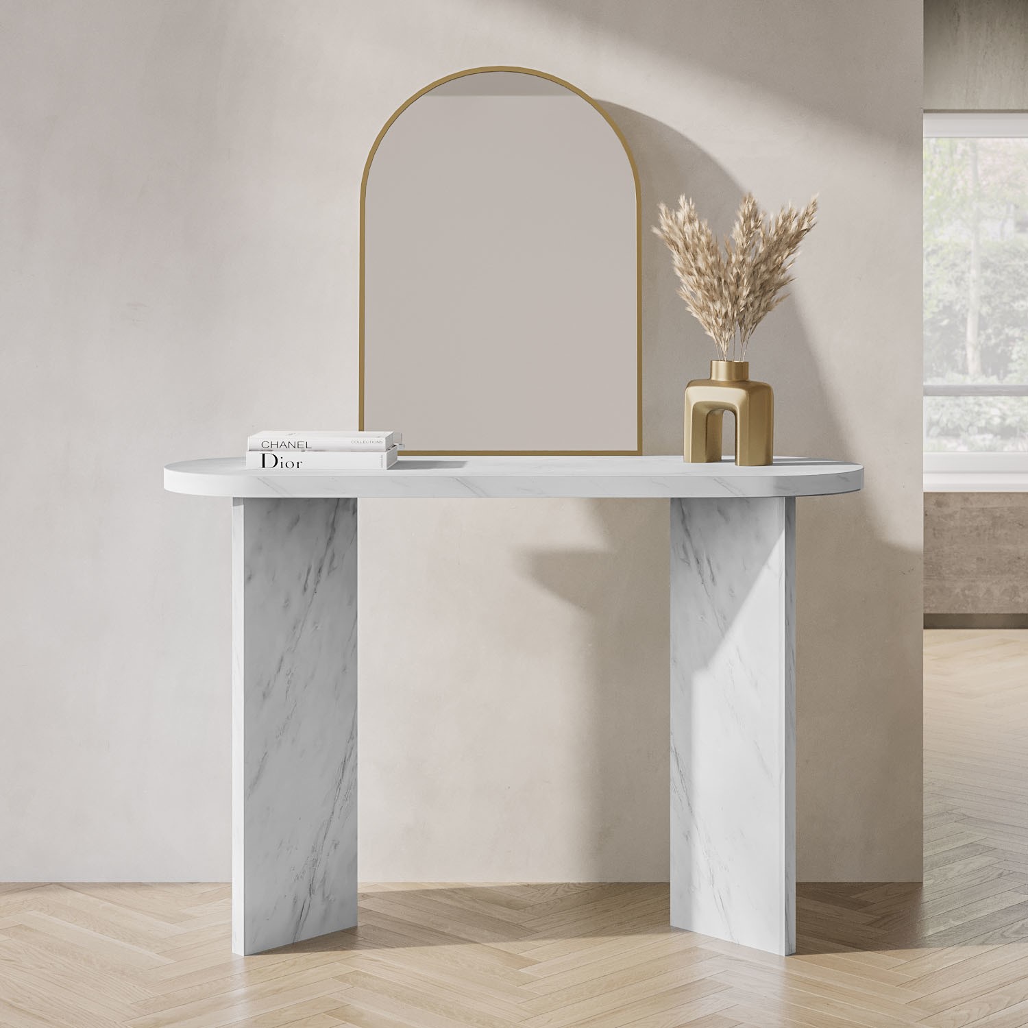 Read more about Large white marble effect console table geneva